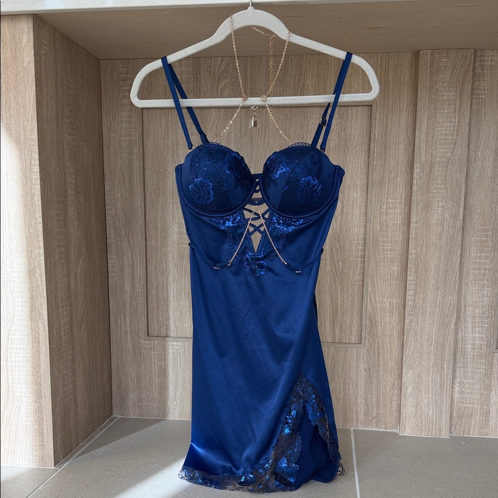 NWOT Honey Birdette Jules Royal Blue Lace & Satin Dress